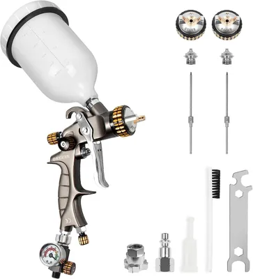 Immagine prodotto di Pistola a spruzzo HVLP – Pistola per verniciatura – 600 ml, contenitore in nylon – Ugelli in acciaio inossidabile da 1,4 e 1,8 mm