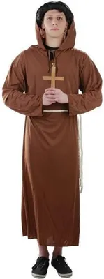 A person wearing a monk costume, holding a cross.