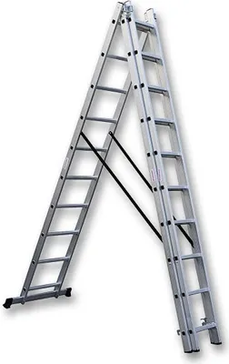 A multi-purpose ladder set up in an A-frame configuration against a white background.