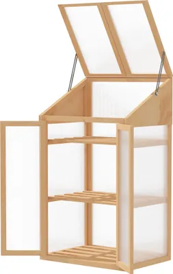 Produktbild von Mini-Gewächshaus,kleinesTreibhausmitHolzrahmen,FensterundDoppeltür,3Regale,70Lx50Bx120Hcm,Braun