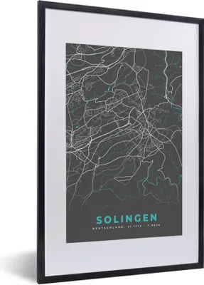 Produktbild von MuchoWow® Gerahmtes Poster Karte - Solingen - Blau - Stadtplan - Deutschland 40x60 cm - Poster mit Schwarzem Bilderrahmen Wandposter Rahmen Foto Bilder - Poster in Rahmen