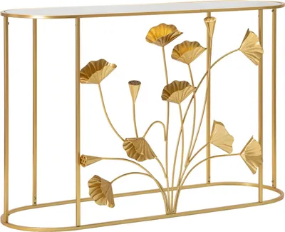 Produktbild von Flow Glam Konsolentisch, 120 x 40 x 80 cm, vergoldetes Metall, verspiegelte Tischplatte mit floralem Nachbildung, r Konsolentisch für Eingangsbereiche und Wohnzimmer