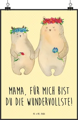 Produktbild von Mr. & Mrs. Panda Bild Bären mit Blumenkranz DIN A2 - Gelb Pastell - Geschenk, Muttertag, drucke, Mama, kunstdruck poster, Family, Plakat, Mutter, Wandbild, Familie