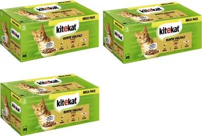 Produktbild von KITEKAT™ Multipack Portionsbeutel Bunte Vielfalt 3 Varietäten Huhn, Rind, Lachs in Sauce 3 x 48 x 85g