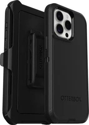 A black OtterBox Defender iPhone 15 Pro Max case with a detachable holster is shown against a white background.