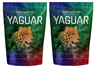 Produktbild von Yaguar - Mate Tee Set Elaborada Con Palo 2x500g - Luftgetrocknet - Mit Stängeln & Staub - 18 Monate Gereift - Traditionell - Yerba Mate Brasilien 1kg