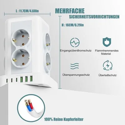 Productafbeelding van Stekkerdoos 8-voudig met Schakelaar, Meervoudig Stopcontact, Overspanningsbeveiliging, 4000 W, 16 A, Stekkertoren met 2 m Verlengkabel voor T