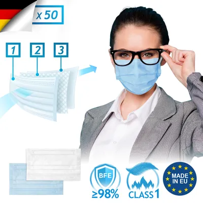 Produktbild von Virshields® Medizinischer Mundschutz - Typ IIR, BFE ≥ 98%, DIN EN 14683, EU, 50 Stück, 3-lagig, Antibeschlag, Blau - OP Masken, Mund und Nasenschutz, Einweg Gesichtsmaske, Einwegmasken