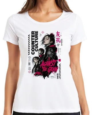 Immagine prodotto di Maglietta da donna, bianca, taglia XXL, stile "Against The Grain", con motivi anime, cyberpunk, techwear, ispirata alla cultura giapponese e allo stile Y2K di Harajuku