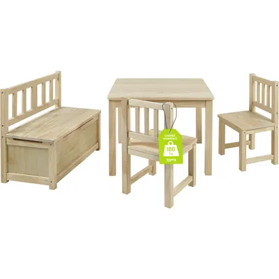 Produktbild von BOMI® Kindersitzecke mit Stühlen Anna mit integrierter Spielzeugkiste | Kindertruhenbank aus Kiefer Massiv Holz für Kleinkinder, Mädchen und Jungen Naturbelassen