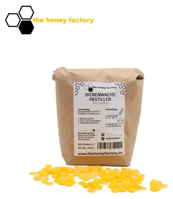 Produktbild von Bienenwachs Pastillen Gelb 100% reines Wachs für Kerzen, Kosmetik, Möbel-Analyse 500 Gramm Beutel