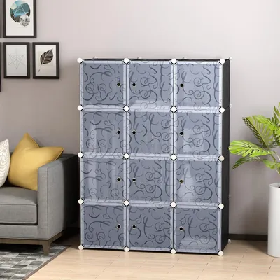 Produktbild von Würfelregal DIY 11 Fächer, Kleiderschrank Regalsystem, Kunststoff & Metallrahmen, Schwarz | 111 x 47 x 145 cm | 30 kg | 2 Kleiderstangen