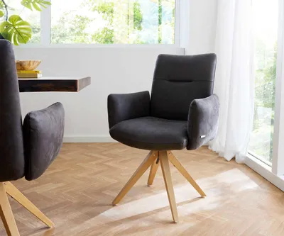 Produktbild von DELIFE Drehstuhl Jova-Flex mit Armlehnen Mikrofaser Anthrazit Vintage Holzgestell kantig Natur 180° drehbar Taschenfederkern