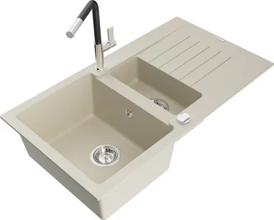 Produktbild von Mexen Matias 1,5-Becken-Granitspüle mit Abtropffläche und Mischbatterie Flora, Beige - 6502-69-670401-07