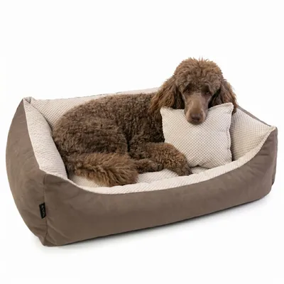 Produktbild von 4L Textil TEO Hundekorb mittelgroße Hunde Kuscheliges Hundebett mit Bezug Hundekissen flauschig Hundekörbchen Hundesofa (80x60 cm, Braun/Beige)