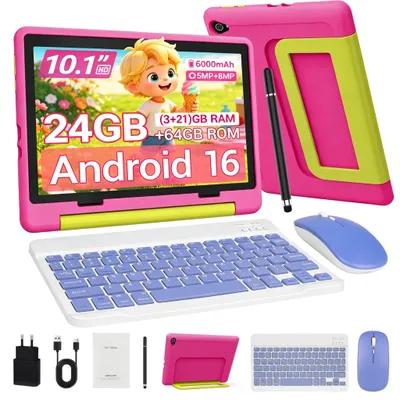 Produktbild von JENBIZZ Kinder Tablet 10 Zoll, 64GB erweiterbar auf 1TB, 24GB RAM, 6000mAh, 8 MP Kamera, WiFi 6, Android 16, mit Tastatur, Maus & Stift