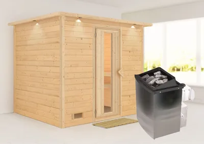 Produktbild von Karibu Sauna Innensauna Sonara Fronteinstieg Ofen 9 kW integr. Strg 259x210x206 cm mit Dachkranz mit Energiespartür