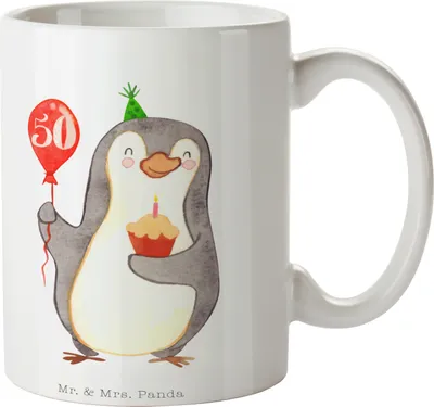Produktbild von Mr. & Mrs. Panda Teetasse 50. Geburtstag Pinguin Luftballon - Weiß - Geschenk, Geburtstagsgeschenk, Henkeltasse, Happy Birthday, Tasse, Kaffeebecher, Kaffeetasse, schöne