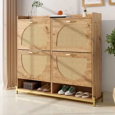 Produktbild von Schuhschrank aus Holz, 4 Türen - 119 cm breit - Freistehender Schuhregal mit Metallrahmen für den Eingangsbereich