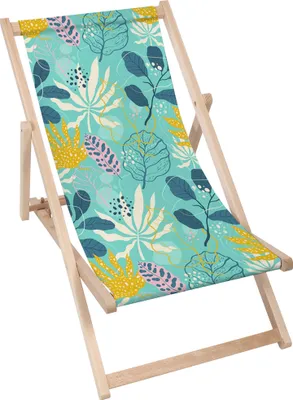 A folding deck chair with a tropical leaf pattern.