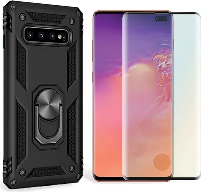 A black phone case with a ring stand is shown next to three smartphones.