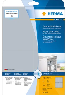 Produktbild von Typenschildetiketten A4 105x148 mm silber extrem stark haftend Folie matt 100 St.