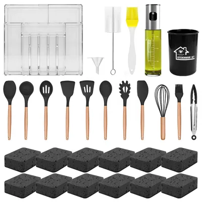 Produktbild von ProximaX Küchenhelfer-Set, Familienküche, Silikon-Kochutensilien, Holzgriffe, Schubladenorganizer, Ölsprüher, Reinigungsschwämme, Küchenwerkzeuge, Kochset, Küchenorganisation