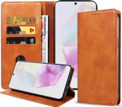 Productafbeelding van Smartphonica telefoonhoesje, geschikt voor Samsung Galaxy A35. Kunstleren bookcase met magnetische sluiting en pasjeshouder, bruin