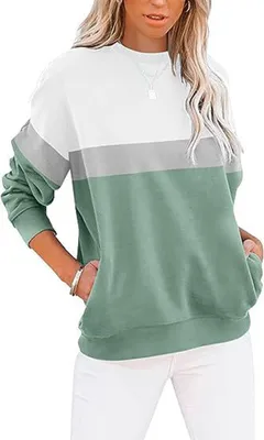 Produktbild von ASKSA Damen Pullover Rundhals Langarm Sweatshirt Casual Lose Farbblock Herbst Winter Oberteile Oversize Tops, Weiss&Gruen, M