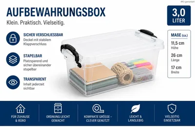 Produktbild von Kunststoff Aufbewahrungsbox mit Deckel und Klappverschluss - 3,0 Liter