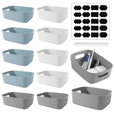 Image de 12 petites boîtes de rangement (25 x 14 x 7 cm) avec accessoires, paniers de rangement en plastique, boîtes de rangement, paniers, paniers pour étagère de salle de bain (blancs)