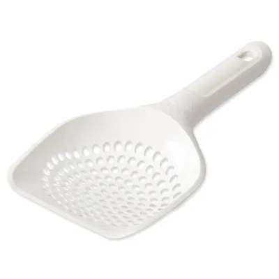 A white plastic litter scoop with a perforated surface.