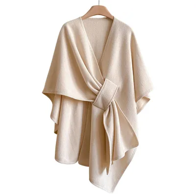 Produktbild von Poncho Damen Elegant Strick Cape Cardigan mit Lasche für Herbst Winter, Übergroße Beige
