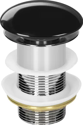 Produktbild von LuxeBath Universal Ablaufgarnitur für Waschbecken und Waschtisch ohne Überlauf, Keramikdeckel Schwarz glänzend-Edelstahl, 1 1/4 Zoll, Pop Up Ventil