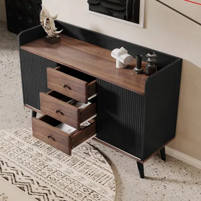 Produktbild von okwish 117.5 cm Sideboard holz Schwarz mit Stauraumregalen,schrankwand mit drei Schubladen und Gestreifte Schiebetüren,Beistellschrank für Wohnzimmer