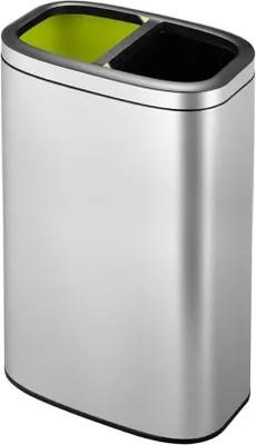 Produktbild von Rechteckiger Abfalleimer aus gebürstetem Edelstahl mit offener Einwurföffnung | 20+20 Liter, HxBxT 63x22,5x42cm | Silber