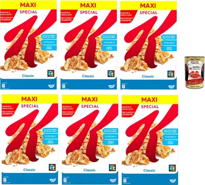 Produktbild von Kellogg’s Special K Classic, Getreide-Flakes mit Vollkornweizen ballaststoffreiche Frühstückscerealien natürlicher Genuss ohne künstliche Farb und Aromastoffe 6x 700g + Italian Gourmet polpa 400g