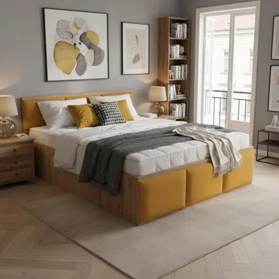 Produktbild von Komvortowy | Polsterbett 120x200 Cm | EICHE CRAFT GOLD | Doppelbett Mit Metall-Lattenrost & Gasdruckfeder | GELBE POLSTERPANEEL | Bettkasten Ohne Bodenplatte | Stauraumbett | Hochklappbar