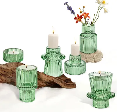 Productafbeelding van Set van drie theelichthouders van groen glas in boho-stijl, dubbelzijdig