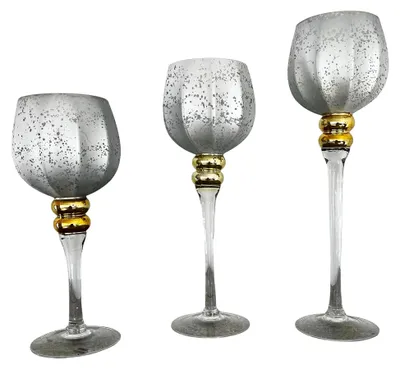 Produktbild von 3-teiliges Set Windlichter aus Glas auf Fuß 30 cm, 35 cm und 40 cm - Kerzengläser auf Fuß - Glaskelche für Kerzen - Teelichthalter Set - Hohe Kerzengläser für Tischdekoration
