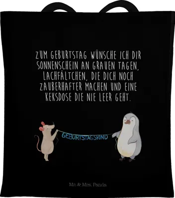 Produktbild von Mr. & Mrs. Panda Schultasche Maus Pinguin Geburtstag - Schwarz - Geschenk, Happy Birthday, Jutebeutel, Tote Bag, Uni Tasche, Geburtstage, Laptoptasche