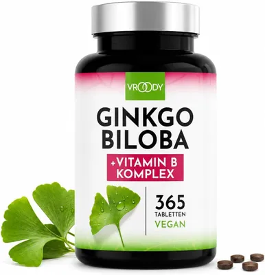 Immagine prodotto di Compresse di Ginkgo Biloba da 6000 mg, 365 pezzi - Miglior rapporto qualità-prezzo, complesso vitaminico B, senza additivi, prodotto in Austria, vitamina B12