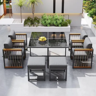 Produktbild von Sweiko Gartenlounge-Set,7-teiliges Esstisch- und Stuhlset für 6 Personen, Tisch aus gehärtetem Glas, Handlaufplatte aus Akazienholz