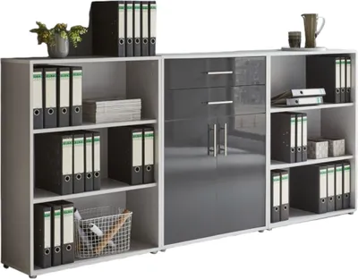 Produktbild von Aktenschrank TABOR 14 in lichtgrau / anthrazit Hochglanz, Schrankwand, Büroschrank, Metallgriffe