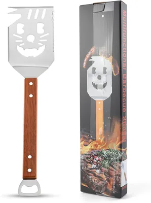 Imagen del producto de Espátula para parrilla de acero inoxidable con mango de madera largo, unidad individual, para uso en la cocina