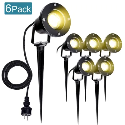 Image de VINGO pack de 6 spots de jardin avec fiche et piquet de terre, 4w GU10 LED blanc chaud, IP65 étanche Eclairage extérieur de jardin pour terrasses Jardins pelouses chemins