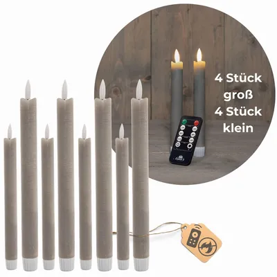 Produktbild von Sparset Stabkerzen LED mit Timer Klein+Groß TAUPE GRAU 8 Stück indoor - 6 Stunden ECHTWACHS 18cm+23cm Höhe für Kerzen 2,2cm Durchmesser 2 AAA Batterien notwendig LED Stabkerzen flackernde Flamme