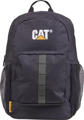 A black Caterpillar backpack is shown against a white background.