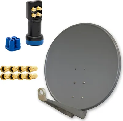 Produktbild von PremiumX DELUXE SAT Anlage bis 4 TV Receiver 100cm Satellitenantenne Aluminium Anthrazit mit LED Quad LNB inkl. 8x F-Stecker