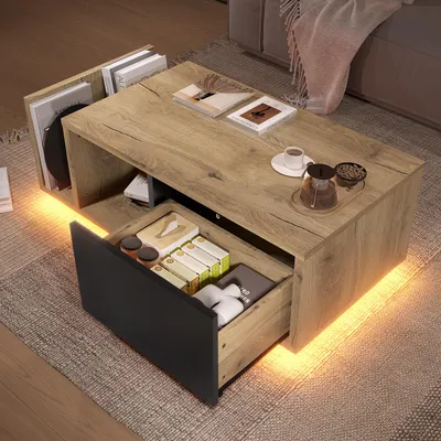 Produktbild von LVHOM Couchtisch mit LED und Schublade, Beistelltisch Scandi mit Stauraum, Wohnzimmertisch Holz, Kafffeetisch Industrial, Natur/Schwarz